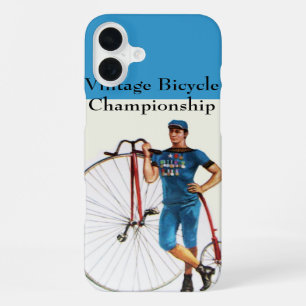 Coque iPhone 16 Plus Championnat de vélo vintage, bleu blanc