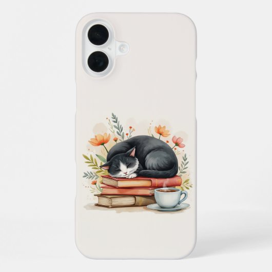 Coque iPhone 16 Plus Chat lisant du café (Verso)