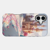 Coque iPhone 16 Plus Château de fée Candyland rose enneigé (Verso Horizontal)