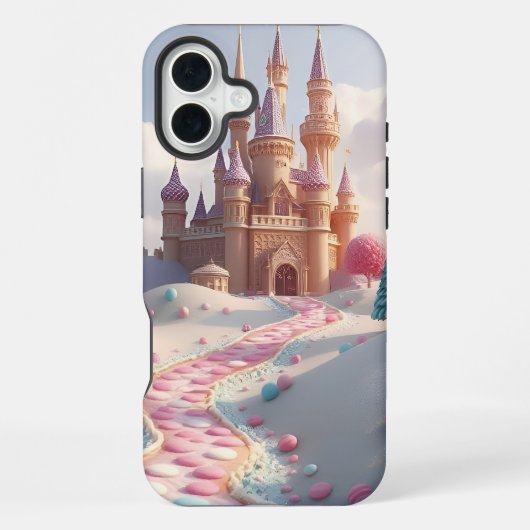 Coque iPhone 16 Plus Château de fée Candyland rose enneigé (Verso)