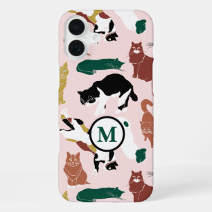 Coque iPhone 16 Plus Chats charmants dessinés à la main sur fond rose