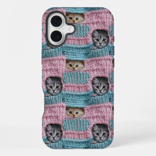 Coque iPhone 16 Plus Chats Mignons Tricot Rose Bleu Féminin