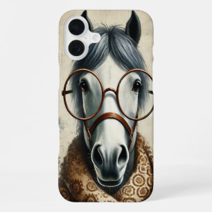 Coque iPhone 16 Plus Cheval Élégant avec Lunettes – Art Vintage Drôle