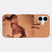 Coque iPhone 16 Plus CHEVAL ROUGE , Monogramme Rose Antique (Verso Horizontal)