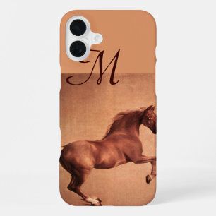 Coque iPhone 16 Plus CHEVAL ROUGE , Monogramme Rose Antique