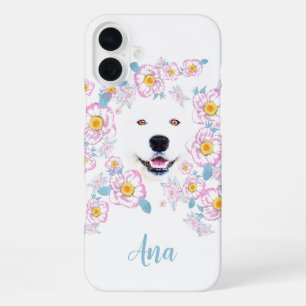 Coque iPhone 16 Plus Chien Samoyed et fleurs roses, nom customisé