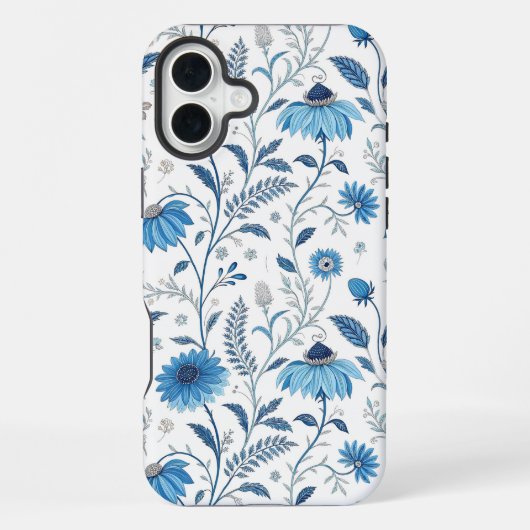 Coque iPhone 16 Plus Chinoiserie Blue Echinacea Pattern (Verso)