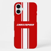 Coque iPhone 16 Plus Classic Red White Racing Stripes Monogramme (Verso)
