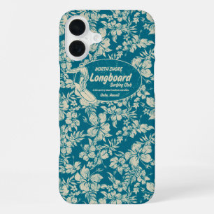 Coque iPhone 16 Plus Club Surfing Longboard Hibiscus Hawaïen Sarcelle