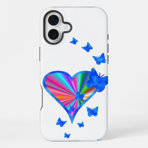 Coque iPhone 16 Plus Cœur arc-en-ciel et papillon