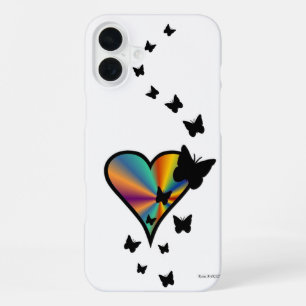 Coque iPhone 16 Plus Cœur Arc-en-ciel et Papillon