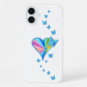 Coque iPhone 16 Plus Cœur arc-en-ciel et papillon
