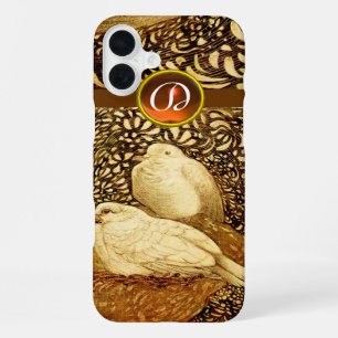 COQUE iPhone 16 PLUS COLOMBES BLANCHES EN SÉPIA BRUN, MONOGRAMME EN PIE