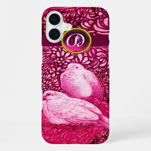 COQUE iPhone 16 PLUS COLOMBES BLANCHES SUR MONOGRAMME FUCHSIA ROSE (Verso)