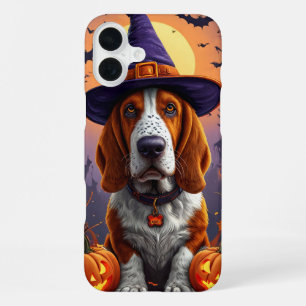 Coque iPhone 16 Plus Conception de chiot sorcière d'Halloween de Basset