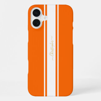 Coque iPhone 16 Plus Cool Orange Blanc Rayures de Course Or Monogrammé