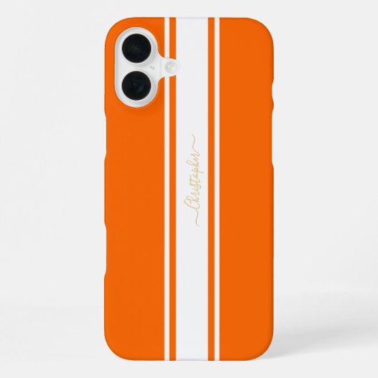 Coque iPhone 16 Plus Cool Orange Blanc Rayures de Course Or Monogrammé (Verso)