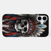 Coque iPhone 16 Plus Crâne de chef amérindien avec coiffe (Verso Horizontal)
