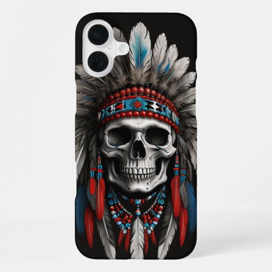 Coque iPhone 16 Plus Crâne de chef amérindien avec coiffe (Verso)