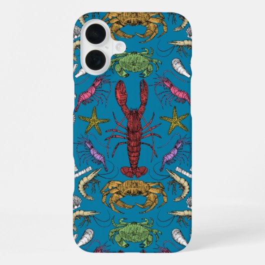 Coque iPhone 16 Plus crustacés de cornwall damas pop bleu (Verso)