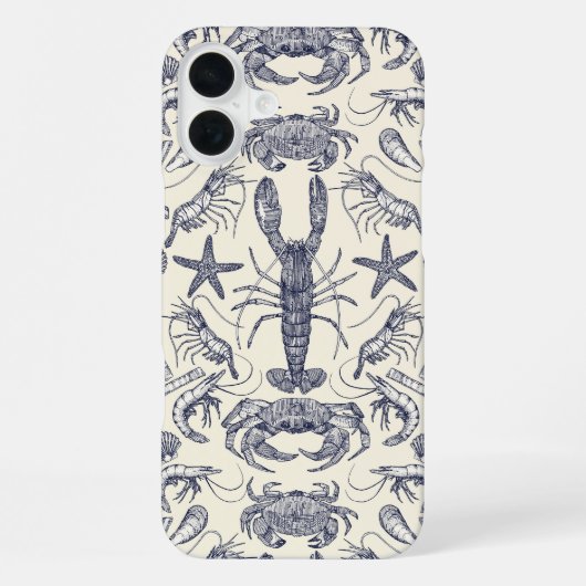 Coque iPhone 16 Plus crustacés de cornwall damassé perle bleue (Verso)