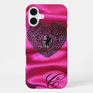 COQUE iPhone 16 PLUS CUPIDON DENTELLE COEUR SOIE NOIR FUCHSIA TISSU MON