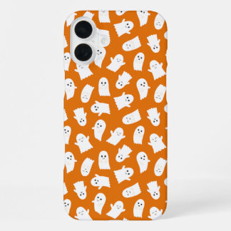 Coque iPhone 16 Plus Cute Kawaii Ghost Pattern on Orange Background 