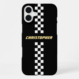 Coque iPhone 16 Plus Drapeau de course à carreaux noir et blanc Monogra