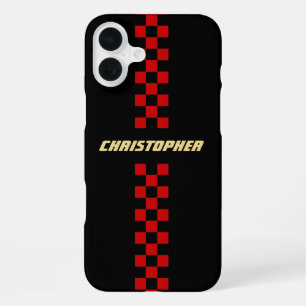 Coque iPhone 16 Plus Drapeau de course à carreaux rouge et noir avec mo