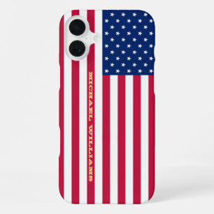 Coque iPhone 16 Plus Drapeau USA Or Monogramme Patriote Américain Ajust