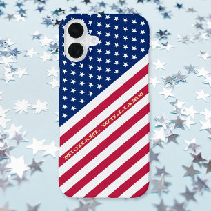 Coque iPhone 16 Plus Drapeau USA Rouge Bleu Blanc Étoiles Rayures Monog