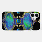 COQUE iPhone 16 PLUS EFFET OPALE BLEU VERT ABSTRAIT AVEC GEMMES (Verso Horizontal)