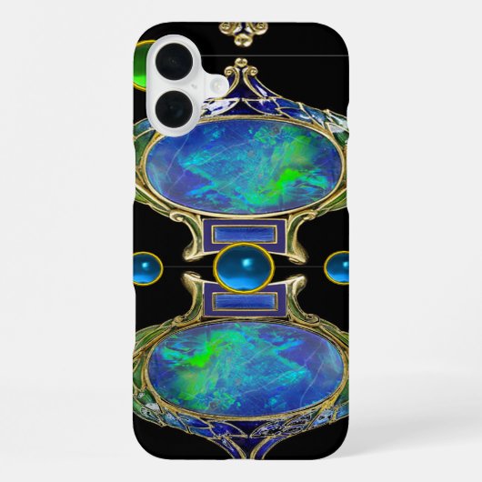 COQUE iPhone 16 PLUS EFFET OPALE BLEU VERT ABSTRAIT AVEC GEMMES (Verso)
