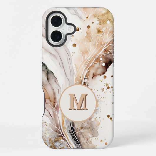 Coque iPhone 16 Plus Élégant Monogramme Marbre Brun Or Design Abstrait (Verso)