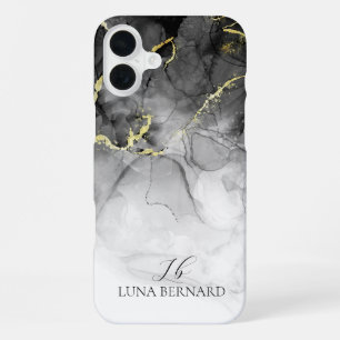 Coque iPhone 16 Plus Encre aquarelle Jade Noir Personnalisable
