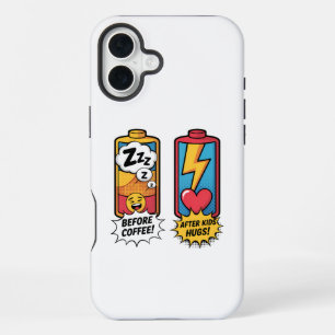 Coque iPhone 16 Plus Énergie de parent drôle – Avant le café après les