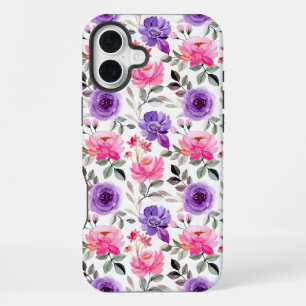 Coque iPhone 16 Plus Étui à motif élégant de fleurs roses et violettes