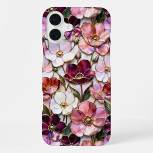 Coque iPhone 16 Plus Étui de style vitrail floral Berry Blush