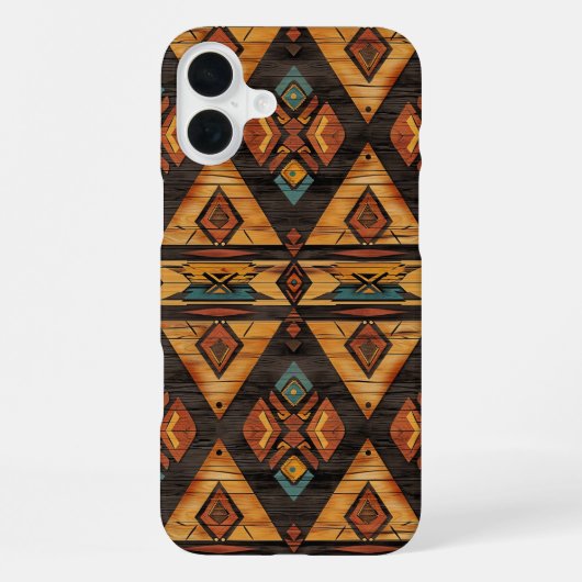 Coque iPhone 16 Plus Faux grain de bois aztèque (Verso)