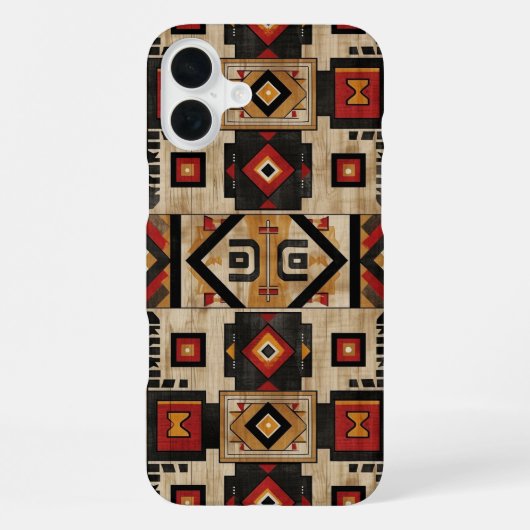 Coque iPhone 16 Plus Faux grain de bois aztèque (Verso)