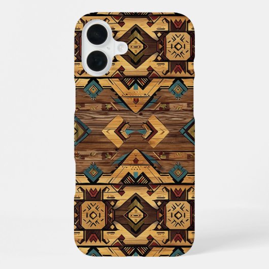 Coque iPhone 16 Plus Faux grain de bois aztèque (Verso)