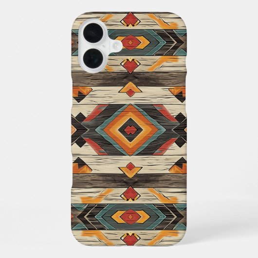 Coque iPhone 16 Plus Faux grain de bois aztèque (Verso)