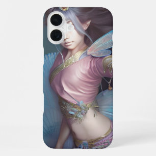 Coque iPhone 16 Plus Fée japonaise rose et bleu clair Fantaisie Art IA