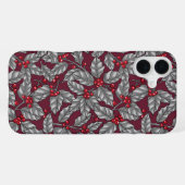 Coque iPhone 16 Plus Feuilles gris sur rouge foncé (Verso Horizontal)