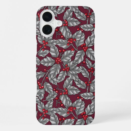 Coque iPhone 16 Plus Feuilles gris sur rouge foncé (Verso)