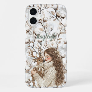 Coque iPhone 16 Plus Fille aux cheveux bruns avec cerf