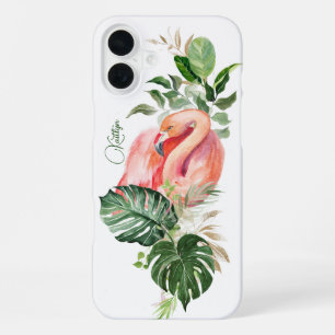 Coque iPhone 16 Plus Flamant Rose Exotique Aquarelle Tropicale et Nom 