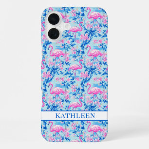 Coque iPhone 16 Plus Flamants avec fleurs roses monogrammées