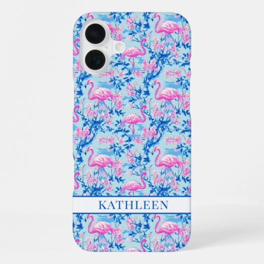 Coque iPhone 16 Plus Flamants avec fleurs roses monogrammées (Verso)
