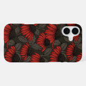 Coque iPhone 16 Plus Fleurs coniques rouges sur fond marron (Verso Horizontal)